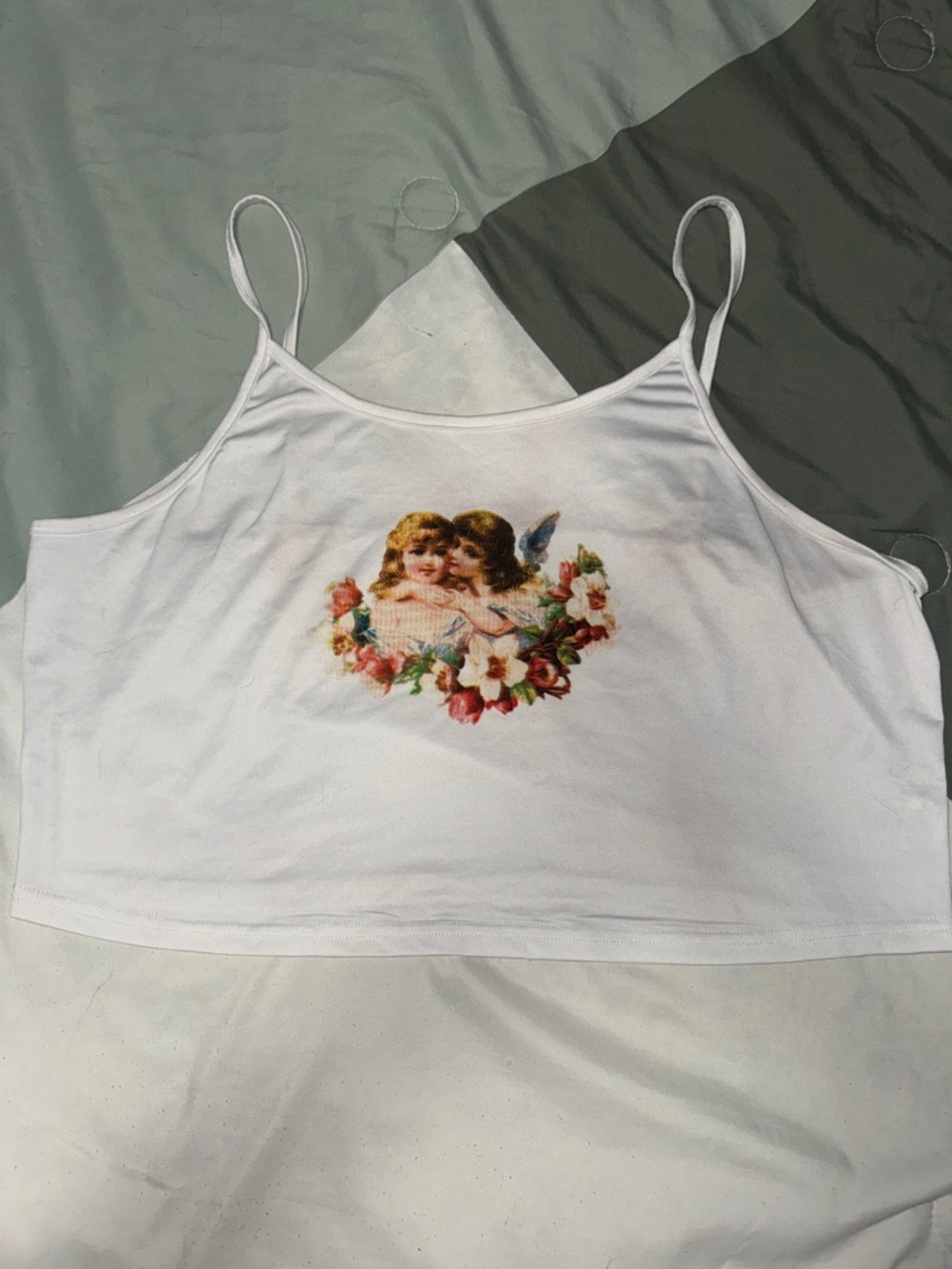 White Spaghetti Strap Crop Top with Cherub & Floral Graphic